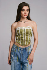 Off Shoulder Lace Up Curved Hem Corset Top