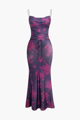 Floral Print Cowl Neck Tie Slip Maxi Dress