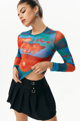 Abstract Print Mesh Long Sleeve Top