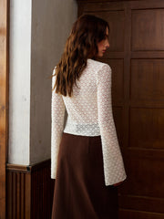 Semi-Sheer Bell Sleeve Button Down Slim Blouse