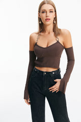 Chain Detail Slit Cuff Backless Crop Top