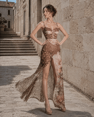 Leopard Printed Patchwork Lace Floral Dress