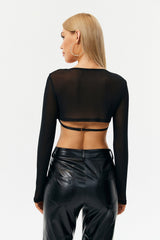 Plunging Neck Buckle Detail Long Sleeve Top