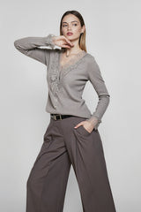 Lace Trim V Neck Cashmere Cardigan