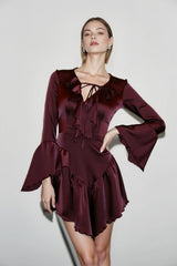 Lace-Up Ruffle V Neck A-Line Mini Dress