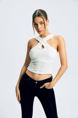Cross Over Backless Texture Tank Top