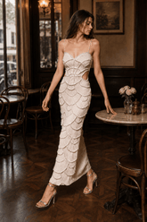 Sequin Beaded Cutout Waist Spaghetti Strap Evening Dress