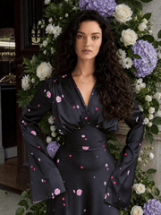 Satin Floral V Neck Flared Hem Maxi Dress