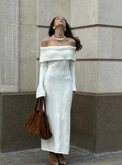 Off Shoulder Long Sleeve Knit Midi Dress