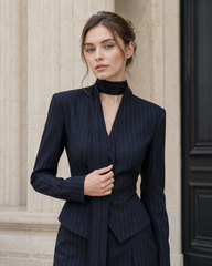 V Neck Striped Fitted Blazer Skirt Two Piece Set