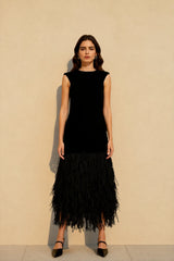 Solid Raffia Panel Knit Midi Chic Cocktail Dress