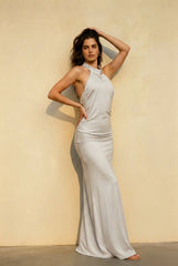 Solid Sleeveless Halter Backless Satin Formal Dress