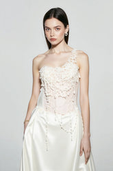 French Strapless Satin Pearl Prom Dress