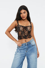 Open Back Tie Detail Ruffle Trim Lace Top