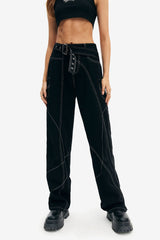 Buckled Belted Top-stitching Straight Leg Jeans