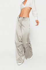 Satin Drawstring Waist Ruched Wide Leg Pants