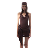Heart Detail Cowl Neck Mini Dress in Brown