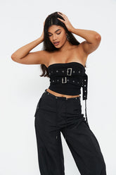 Off Shoulder Belt Decor Denim Crop Top