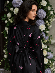 Satin Floral V Neck Flared Hem Maxi Dress