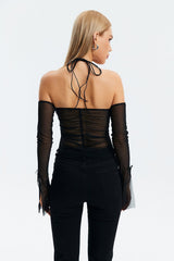Lace Up Halter Neck Mesh Splicing Long Sleeve Top