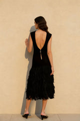 Solid Raffia Panel Knit Midi Chic Cocktail Dress