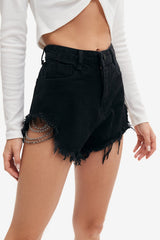 High Waist Frayed Chain Detail Denim Shorts