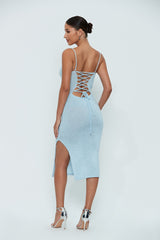 Plunging Neck Lace Up Split Hem Knitted Midi Dress