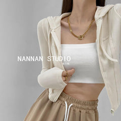 Rib Knit Hooded Zipper Long Sleeve Top