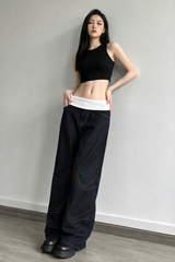 Washed Distressed Sporty Waist Wide Leg Jeans