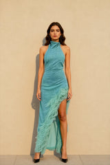 Feather Panel Halter Asymmetrical Graduation Party Dress