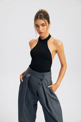 Halter Neck Open Back Sleeveless Ribbed Bodysuit