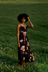 Summer Floral Pleated Backless Robe Evenning- Midi Dresses
