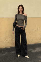 Color-Block Stripe Asymmetrical Neck Long Sleeve Tee