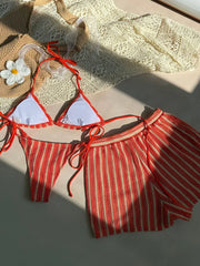 3PCS With Shorts Stripe Halter Fishnet Bikini