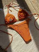 Mujer Women Orange White Metal Ring Ornament Push Up Swimsuit