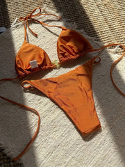Mujer Women Orange White Metal Ring Ornament Push Up Swimsuit