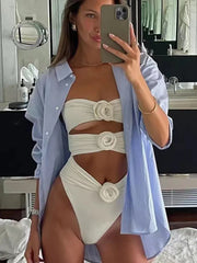 Sexy 3D Flowers Bandeau Monokini Hollow Out Female Swimwear One Piece Swimsuit