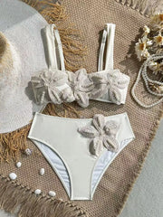 Sexy White 3D Pearls Flower Embroidery Bikini Set