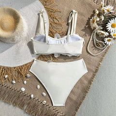 Sexy White 3D Pearls Flower Embroidery Bikini Set