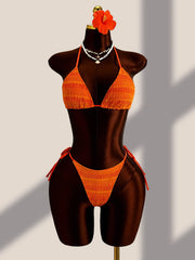 Sexy Orange Knitted Cover Up+drawstring Side Skirt 4 Piece Bikini Set