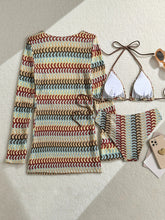 Vintage Coffee Striped Long Sleeve Dress 3 Piece Bikini Set