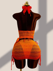 Sexy Orange Knitted Cover Up+drawstring Side Skirt 4 Piece Bikini Set