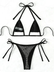 Shiny Sequins Halter Hollow Out Bikini