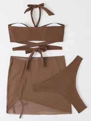 3 PCS Mesh Skirt Halter Wrap Around Bikini