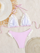 Cute Pink Plaid Print Micro Bikini