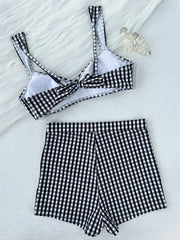 Plaid V Neck Shorts Female Swimsuit