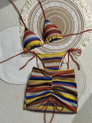3PCS With Skirt Sarong Knitted Striped Bikini