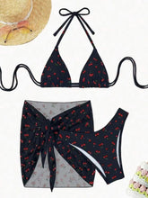 With Mesh Skirt Cherry Printed Bikini