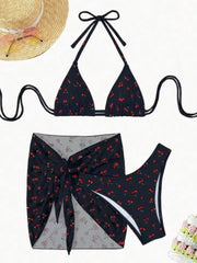 With Mesh Skirt Cherry Printed Bikini