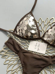 Shiny Sequin Coffee Patchwork Bikini Set